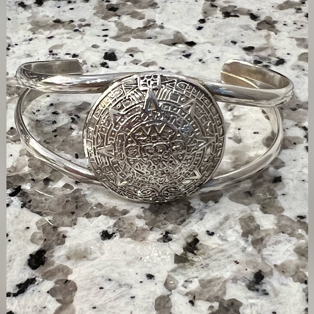 Aztec Calendar Alpaca Silver Cuff Bracelet